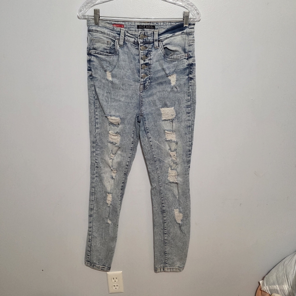 Y2K Hot Kiss Highest Rise Skinny Jean Light Wash Distressed - Size 9